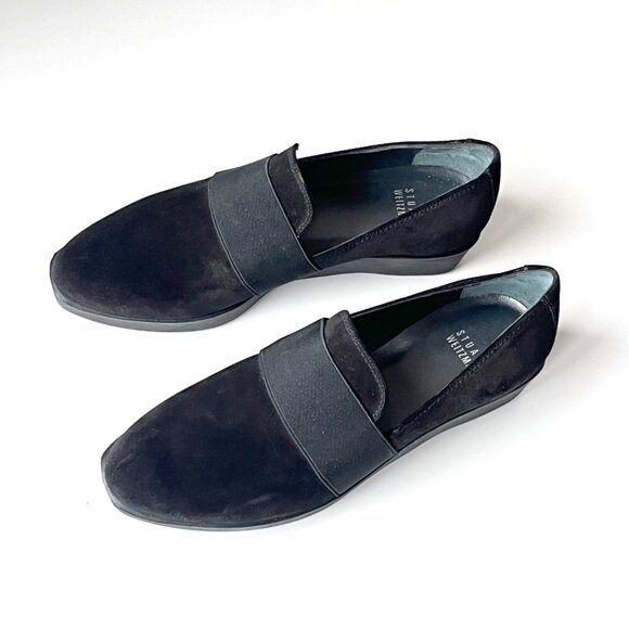 Stuart Weitzman Minimal Black Suede Leather Slip On Wedge Heeled Shoes Size 37